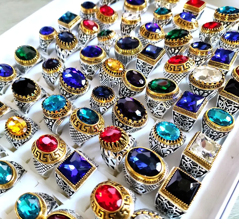 الجملة الكثير 20pcs لوحة سحر الدائري الرجال خمر سبائك كريستال خواتم مجوهرات الزفاف