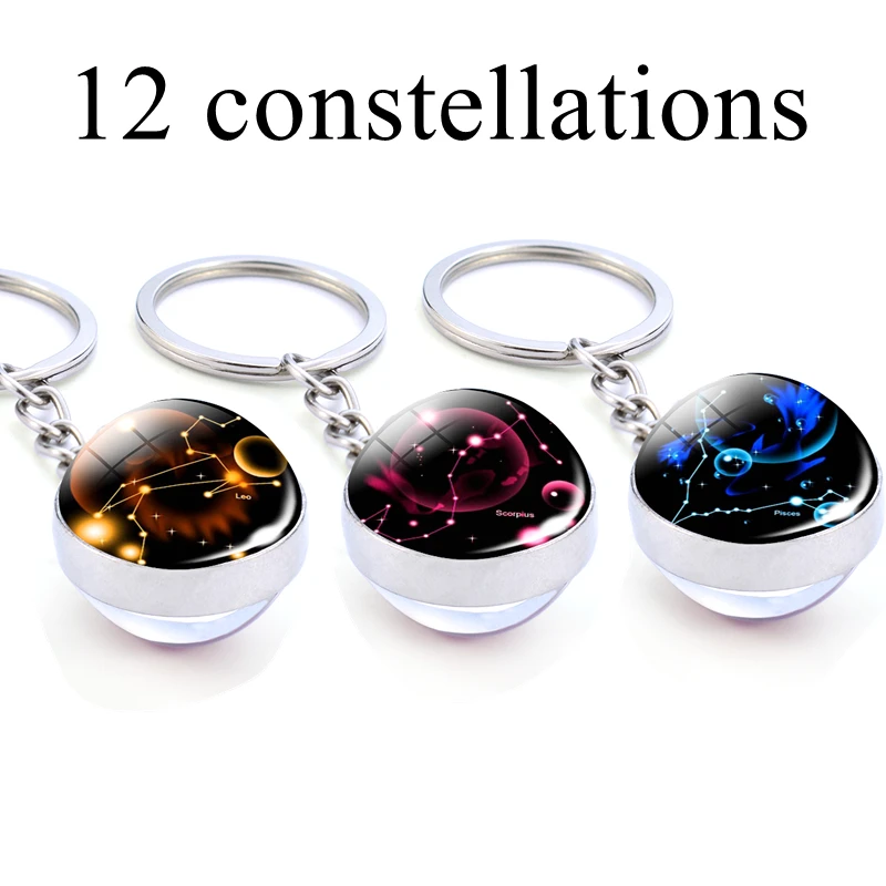 

12 Constellation Key Chain Glass Ball Keychain Zodiac Signs Pendant Glass Key Ring Jewelry Leo Scorpio Pisces Birthday Best Gift