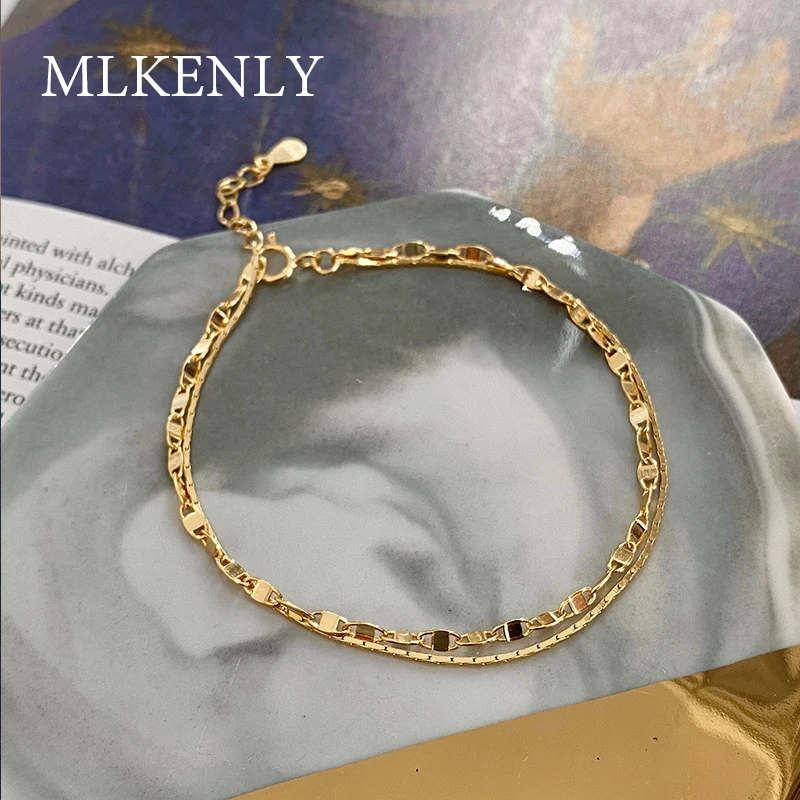 MLKENLY, Настоящее серебро 925 пробы, изящный, простой, золотой, Двойная Цепочка, тонкий браслет для женщин, подарки на день рождения