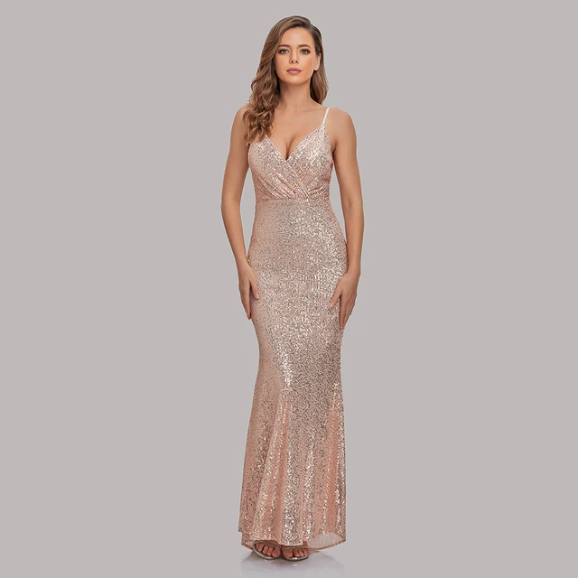 Sexy Sequins Evening Dresses V Neck Sleeveless Mermaid Women Occation Formal Party Gowns Spaghetti Strap Robe De Soriee Vestidos Gold