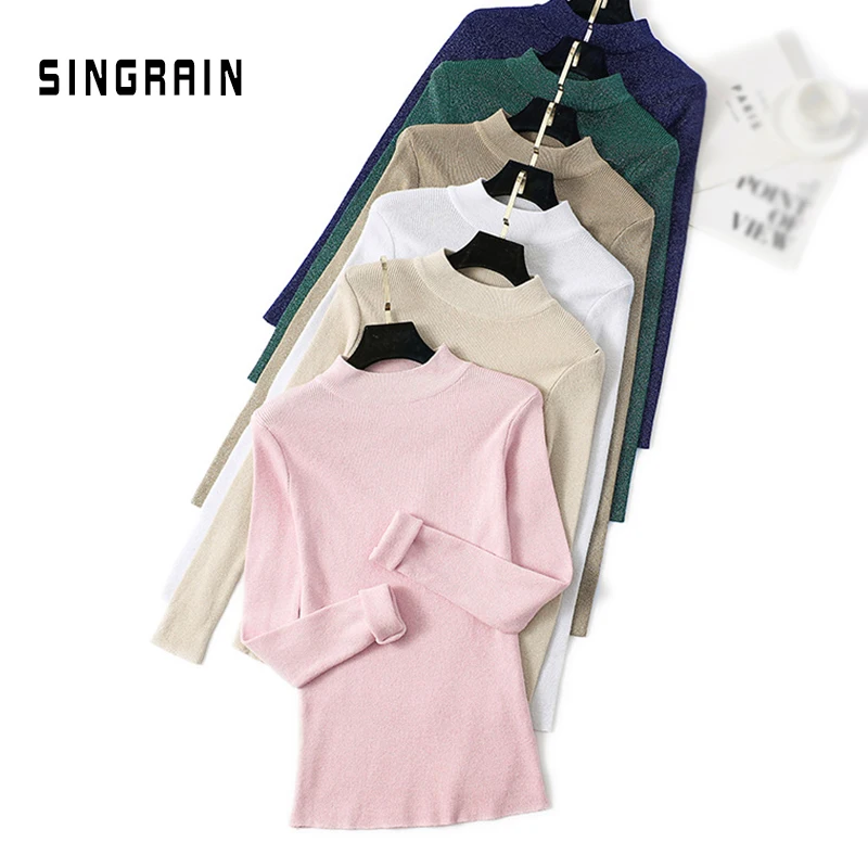 

SINGRAIN Women Lurex Turtleneck Korean Long Sleeve Autumn Shiny Knitting Pullovers Elastic Winter Glitter Basic Knitted Sweater