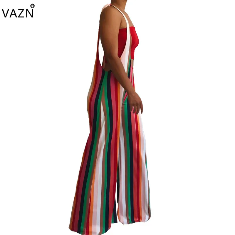 VAZN fn8289 Новинка Yong Lady Of Note Сексуальная Мода Мульти полосатый Спагетти ремень шифон для женщин свободные широкие ноги шифоновый комбинезон