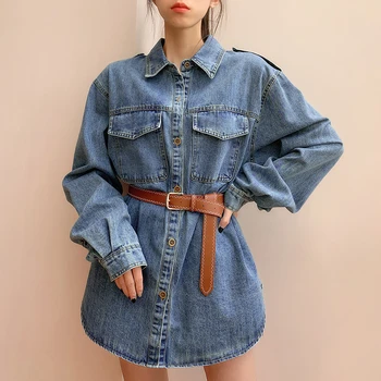 

Vintage Blue Jean Jackets women loose Shirt Design Chaqueta Spring Autumn Coat with Waist Belt outwear Korean 2020 New NZY137