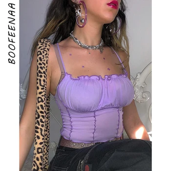 

BOOFEENAA Ruffle Trim Purple Cute Sexy Crop Top Women Clubwear Cami Tank Tops Backless Spaghetti Strap Top T Shirts C66-I66