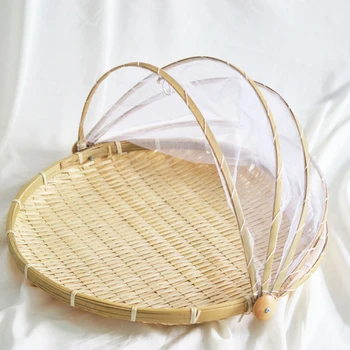 

Anti-insect Dustproof Basket Fruit Vegetable Tray Mesh Drying Dustpan Handmade Bamboo Food Storage Basket with Gauze