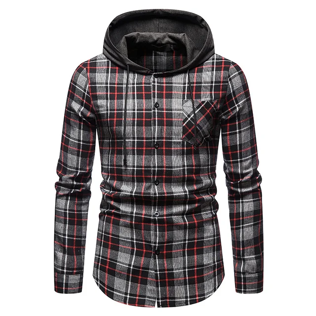 Red Black Plaid Hoodie Shirt Men 2019 