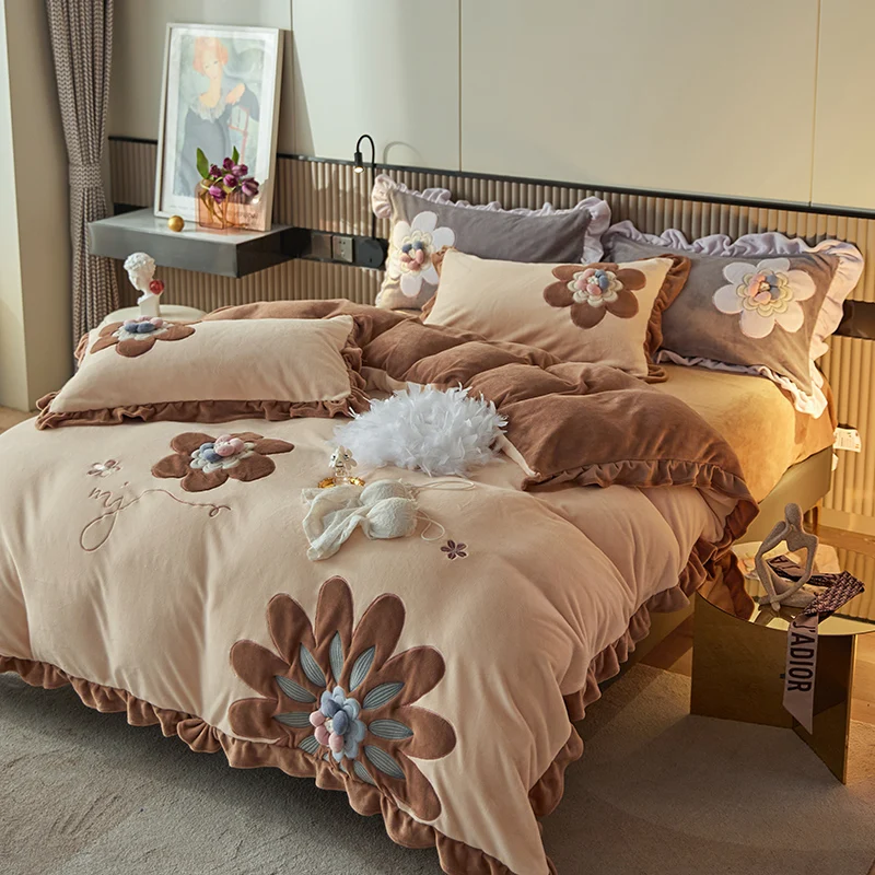 Furry Quilt Cover Bed Comforter Set Bed Linen Pillowcases Super Soft Velvet Fleece Warm Cozy Sunflower Embroidery Bedding Set 60 Hc4c3a5e546b94a5f976d2c502ca746c0f