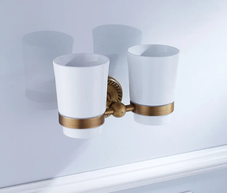 

Ali Hot Sales Vintage Copper Toothbrush shuang bei jia Ceramic Cup Drying Mat Set Toothbrush Holder Bathroom Hardware Pendant
