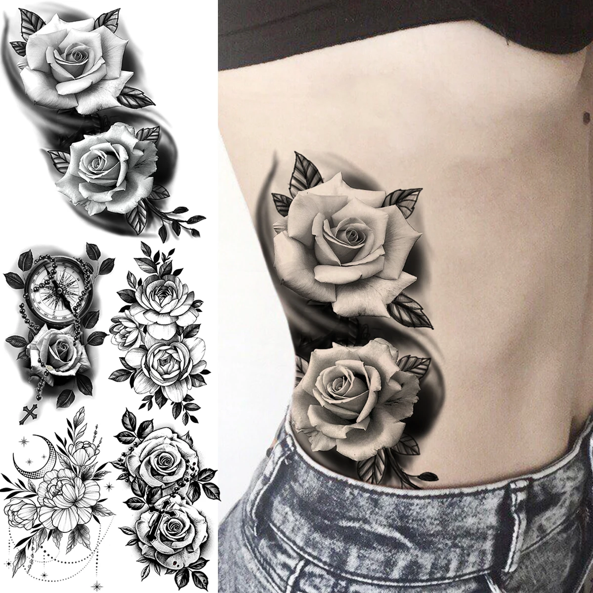 

Realistic Big Rose Flower Temporary Tattoos For Women Adult Peony Compass Cross Fake Tattoo Sexy Waist Waterproof Tatoos Thigh