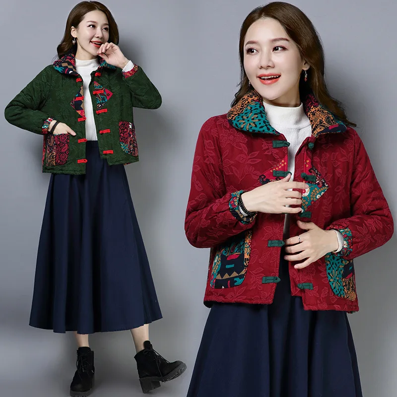 

2018 Autumn And Winter New Style Large Size Middle-aged Women Dress Printed Short Ethnic-Style Cotton-padded Clothes