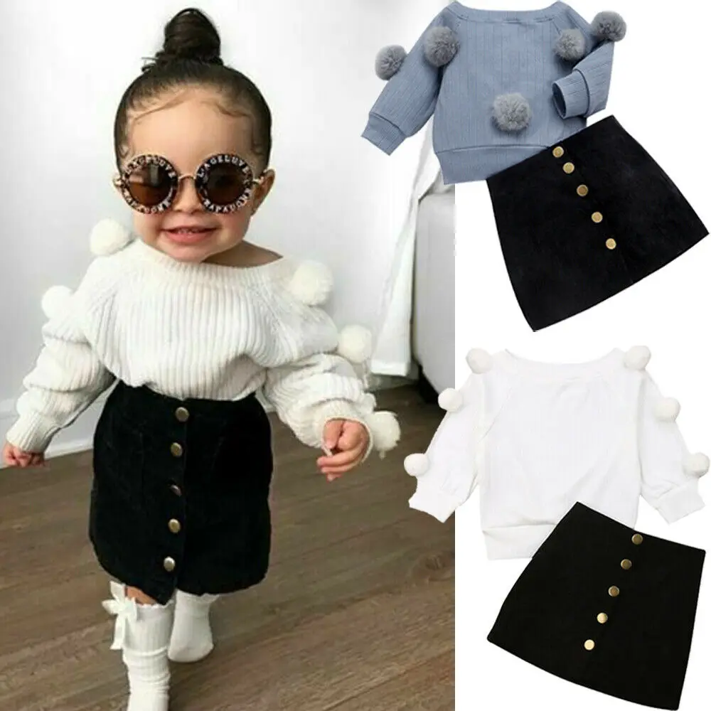 

1-6Y Autumn Toddler Baby Kids Girls Clothes Sets Long Sleeve Hairball Knit Tops Sweater+Button Mini Skirt Warm Outfits Sets