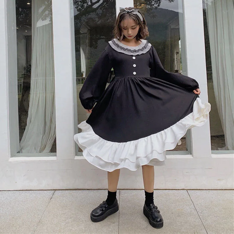 Spring Goth Dress Women Elegant Lack Patchwork Japanese Party Midi Female High Street Vintage Korean | Женская одежда