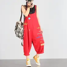 

Stylish Women Suspender Spaghetti Strap Letter Print Denim Rompers Harem Pants Harajuku Overalls Women Streetwear