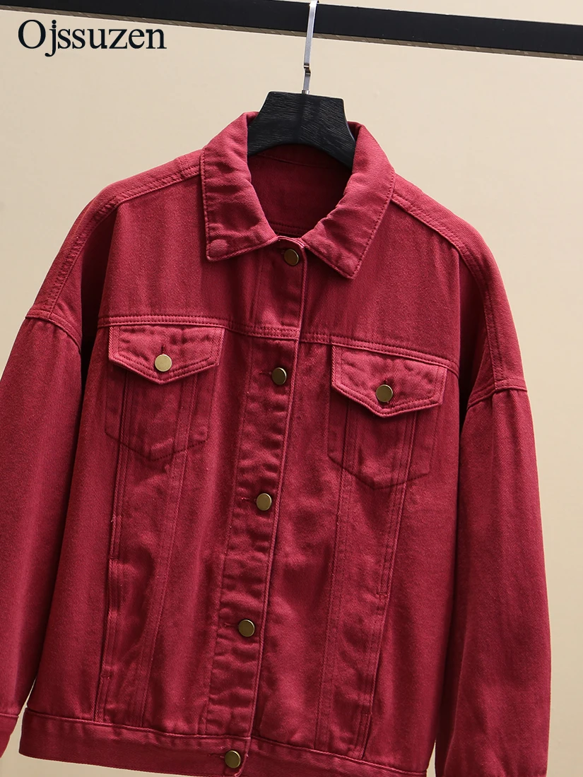 Винно-красное пальто, Весенняя Базовая джинсовая куртка, женское свободное корейское пальто, осень, Женская куртка, джинсовая повседневная куртка