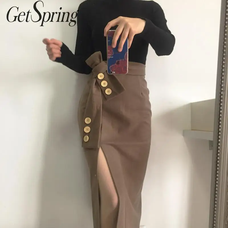 Женская юбка с высокой талией GetSpring черная асимметричным разрезом Осень зима