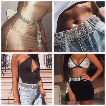 

Flatfoosie Women Full Rhinestone Belt Crystal Shiny Diamond Ladies Waist Long Chain Charm Wide Party Belt Luxury Alloy Waistband