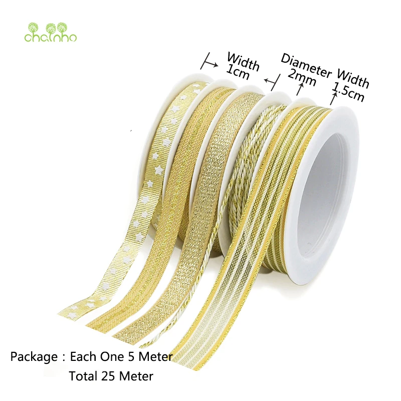 High quality,5 Designs,25 Meters,Gold Ribbon Set For DIY Handmade Gift&Craft Packing,Hair Ornament Accessorries,Package 25 meter