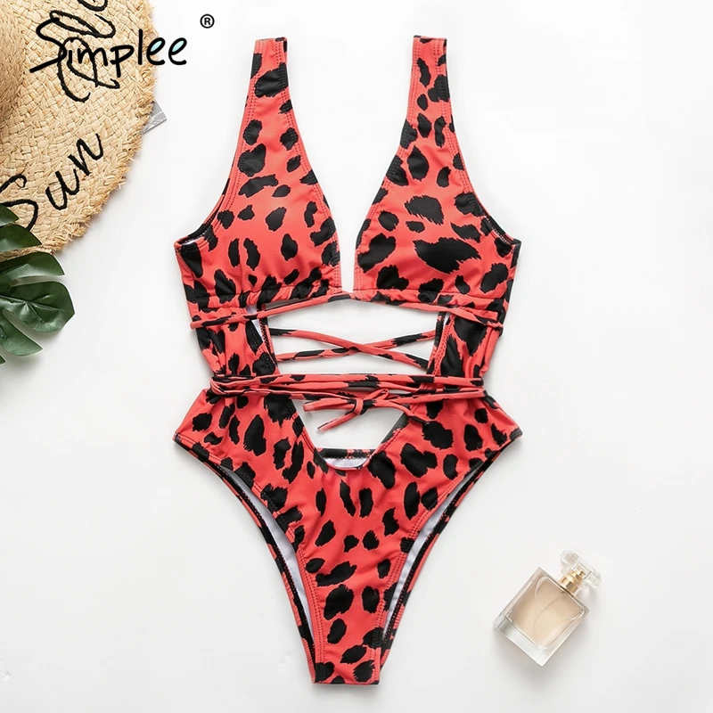 

Simplee Leopard print bikini push up Sexy swimsuit one piece High cut plus size swimwear 2019 Hollow out bathing suit women new