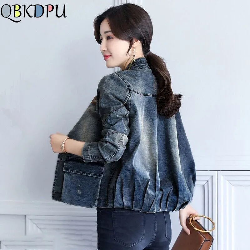 

Elegant Pleated Jeans Jacket Women High Quality Slim Denim Coat 2020 Ladies Office Vintage Pocket Jackets Coat Casacos Feminino