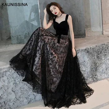 

KAUNISSINA Sexy Evening Dresses Long Black Party Gowns Strap Sleeveless Backless Floor Length Celebrity Prom Dress