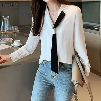 

ZANZEA Women Tops and Blouses 2020 Fashion Shirts Bow Tie V Neck Tunic Casual Patchwork Colar Buttons Down Blusas Office Chemise