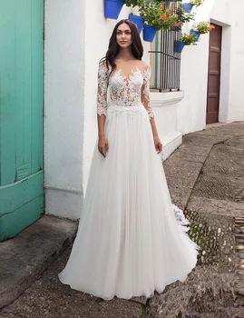 

Ruby Bridal A-line Ivory Skirt Champagne Top Wedding Dresses 2020 Sexy Illusion Beach Bridal Gown 3/4 Sleeves robe de mariee
