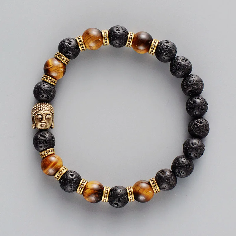 Men Bracelet 8MM Lava Stone Tiger Eyes with Buddha Elastic Bracelet Handmade Stretch Bracelets Mens Charm Bracelet Jewelry