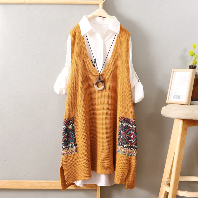 

Korean Fashion V Neck Knitted Vest Woman Vintage Knit Sweater Vest Patch Designs Very Soft Sleeveless Spring Autumn Waistcoat