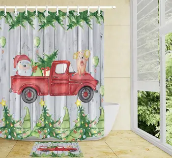 

Red Pickup Truck Shower Curtain Christmas bathroom Non-Slip Door Mat Rug Washable Santa Claus Bath Curtain With 12 Hooks