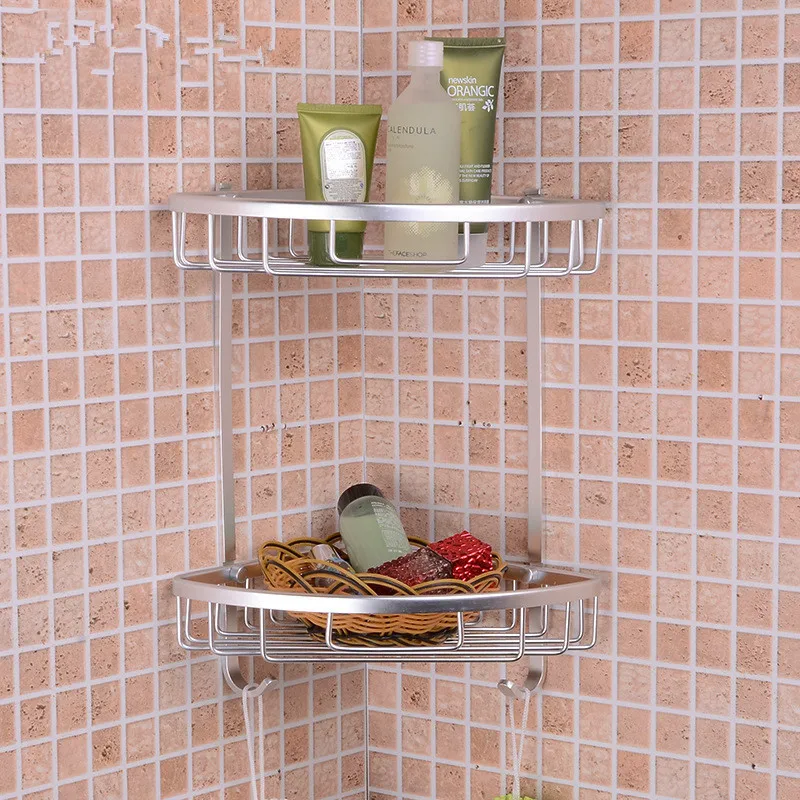 

Bathroom Wholesale Storage Shelf Space Brushed Aluminum Angle Blue Double Layer Solid with Hook Triangular Blue Bathroom Wall Ha