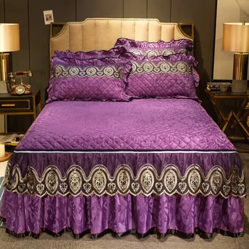 

Lace Velvet Zippered Solid Quilted Bedspread Luxury Coverlet King Queen Size Bed Cover Ruffled Bedskirt Warm Soft European 3pcs