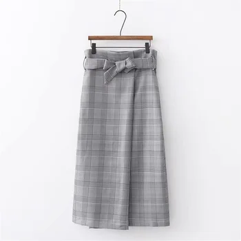 

2020 Spring Women's New Japanese Temperament High Waist Belt Plaid Split Bag Hip Long Skirt Retro Bow Houndstooth Skirt