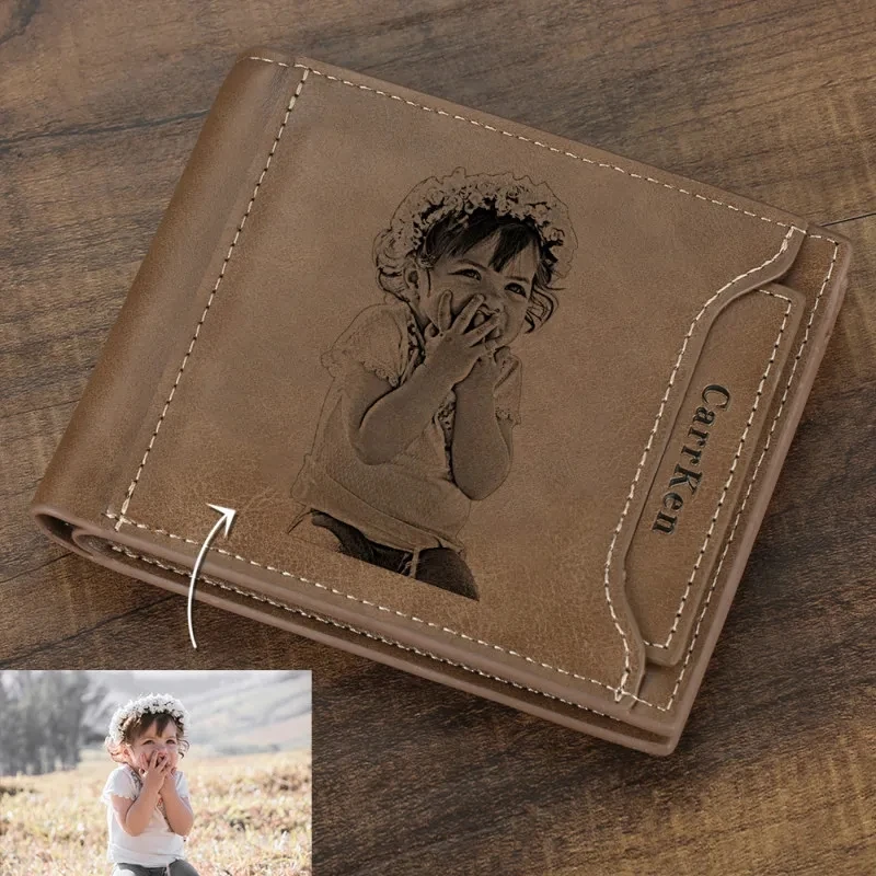 

Customized Engraving Wallet Short Style Bifold Purse Youth Men's PU Leather Vintage Multi-Function Card Package Photo Wallet