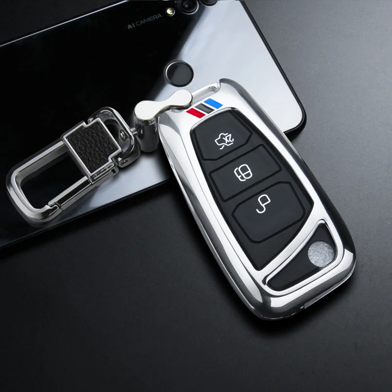 Чехол для выкидного ключа из цинкового сплава Fob Shell чехол для Ford Ranger C-Max S-Max Focus Galaxy Mondeo Transit Tourneo заказное кольцо для ключей - Название цвета: sliver buckle set