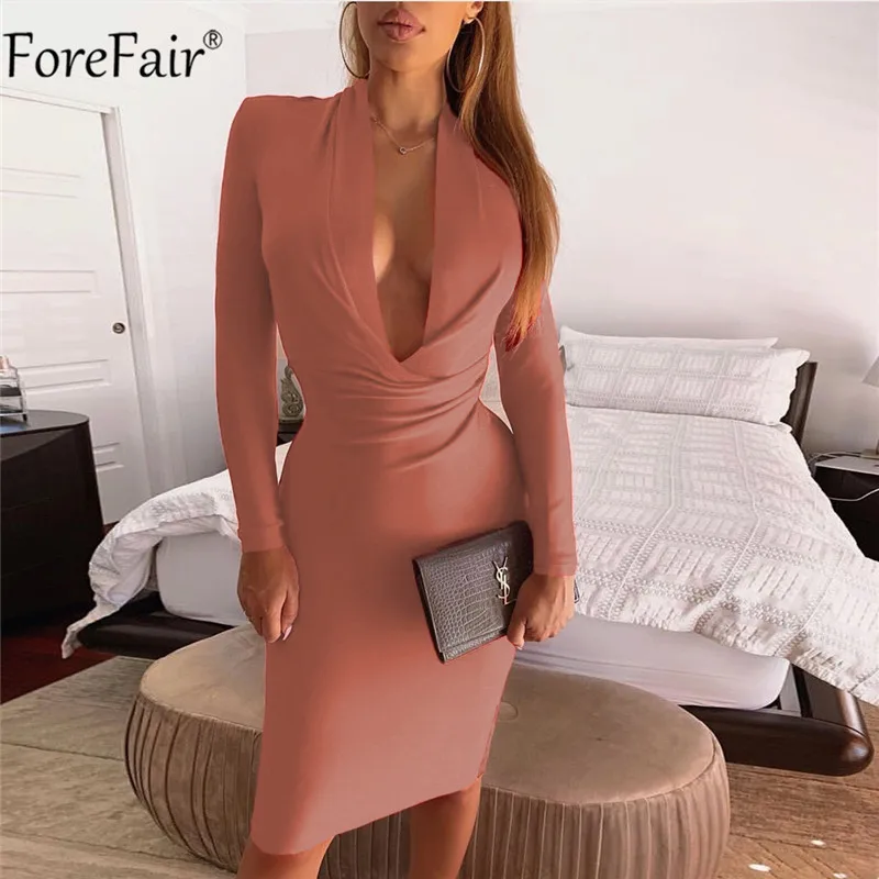 Forefair/осенне-зимнее сексуальное облегающее платье с v-образным вырезом и рюшами, вечерние женские красные, черные платья-миди с длинными рукавами для ночного клуба