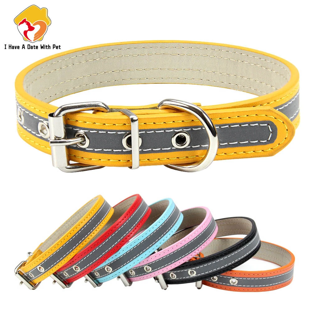 S-XXL Collar de perro de noche reflectante de seguridad correa para el cuello perrito Metal cola agujero collares para pequeño mediano grande perro productos para mascotas 6 colores