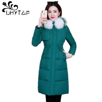 

UHYTGF Plus size Down cotton jacket Parka winter jacket women Fashion thicken Hooded Ladies Coat Long Coats Parka oversize 1029