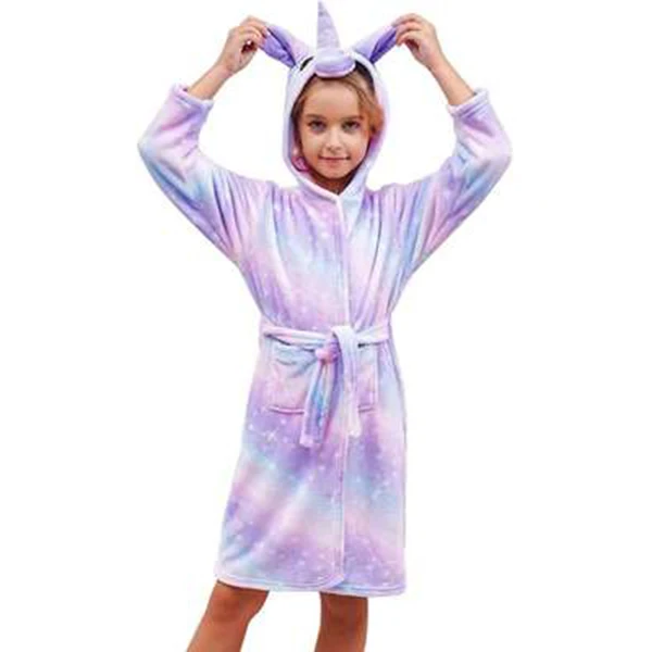 Кигуруми Детские Банные халаты с капюшоном с единорогом, детский банный халат со звездами и радугой, пижамы с животными для мальчиков и девочек, ночная рубашка, детская одежда для сна - Цвет: Bright purple unicor