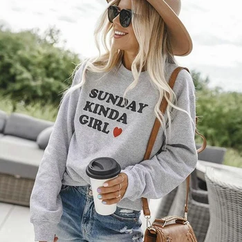 

White Hooded for Student Sunday Kinda Girl Women Loose Long Sleeve Sweatshirts Fashion Soft Tracksuit Kawaii Round Neck Dropship