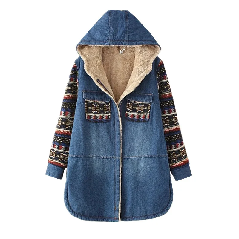 

Parkas Women Winter Jeans Jackets New Student Hooded Outerwear Lambs Wool Thicken Denim Windbreaker Female Basic Coat K381