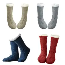 Зимние женские вязанные плюшевые носки, утолщенные Носки до середины икры, нескользящие носки-Тапочки