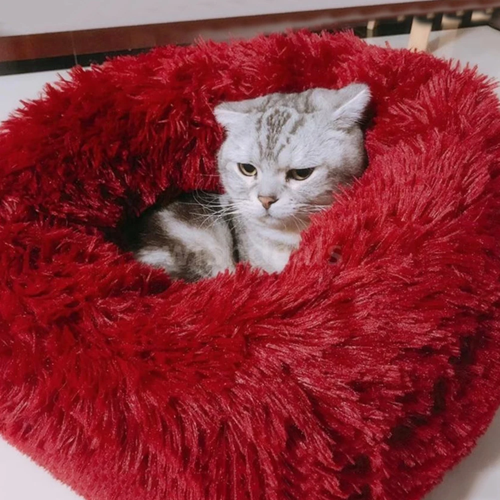 Круглые плюшевые кровати для кошек, мягкая длинная плюшевая кровать для кошек, круглая кровать для собак, для маленьких собак, кошек, зимняя теплая спальная кровать, коврик для щенка