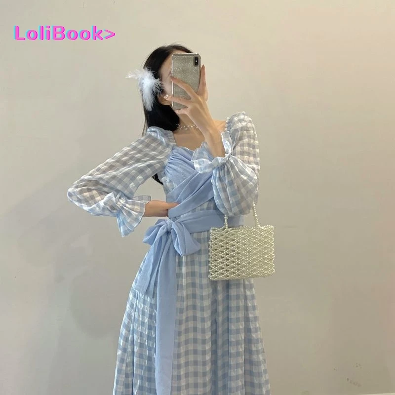 Spring And Autumn French Retro Bubble Long-Sleeved Tie Ruffled Plaid DressMid-Length Princess Dress Blue Sweet Temperament Dress sweater dress