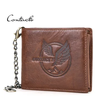 

100% Genuine Leather Men Wallet Small Coin Purse Chain Design Male Wallets Retro Card Holder Bags Multi-card Position Men Purse