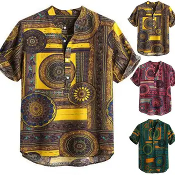 

2020 New Summer Men Color Block Ethnic Geometry Half Cardigan Top Print Short Sleeve Buttons Loose Oversized Pullover Shirt