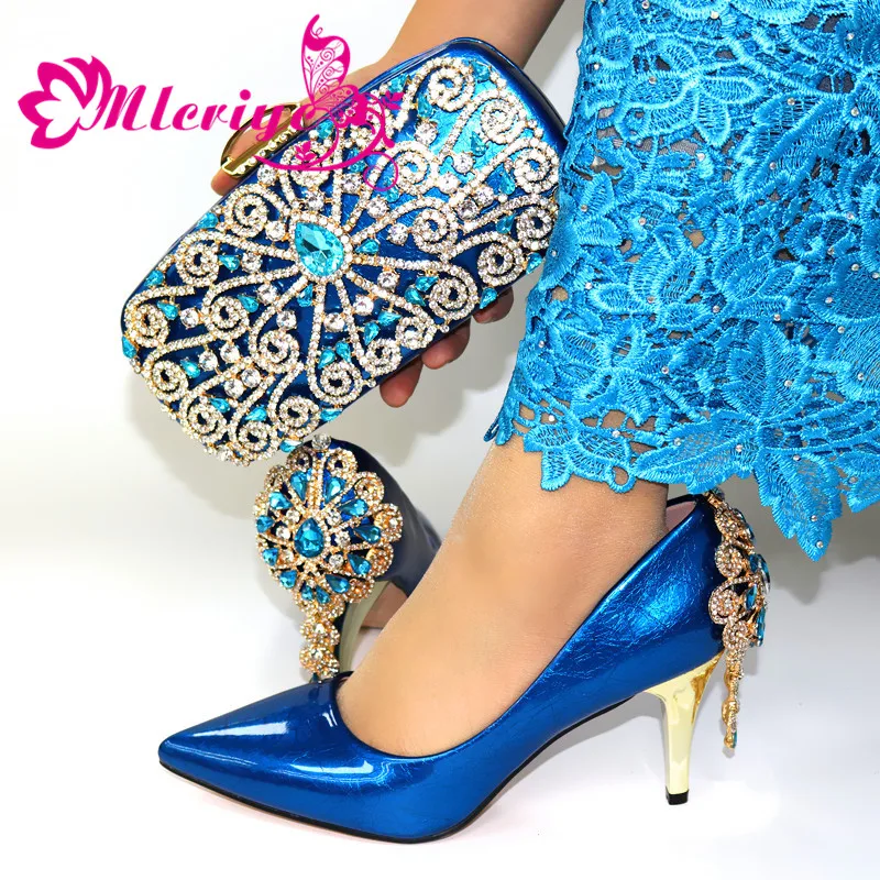 

fashion Shoes and Bag Set African Sets 2019 blue Color Italian Shoe Bag Set Decorated with Rhinestone