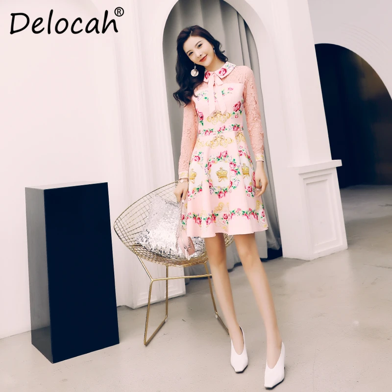 Delocah, весенне-летнее женское платье, подиум, модный дизайн, длинный рукав, простой бант, Великолепное Кружевное Платье с принтом, тонкие женские платья
