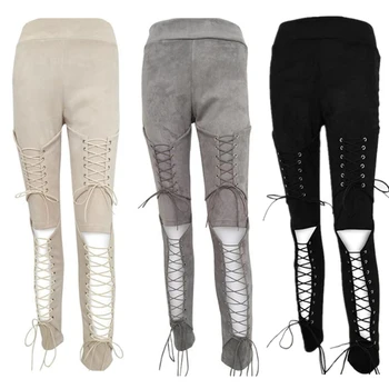 

New Women Sexy Bandage Legging Pants Lace-Up Women's Pants Suede Leather Pencil Pants Lace Up Cut Out Fashion Trousers