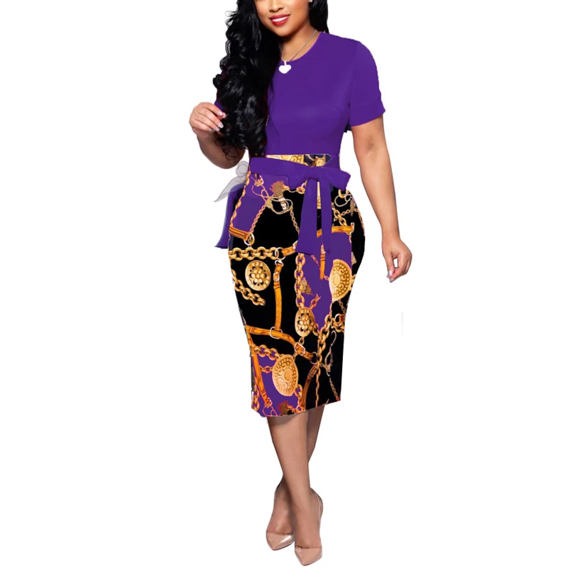 Женские Элегантные повседневные деловые Классические Вечерние платья с круглым вырезом, летние платья, винтажное платье с принтом - Цвет: purple 01