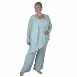Custom blue Formal Plus Size Woman Lady Mother Of The Bride Dress Trousers Pant Suits long sleeves 3 Pieces with chiffon jacket